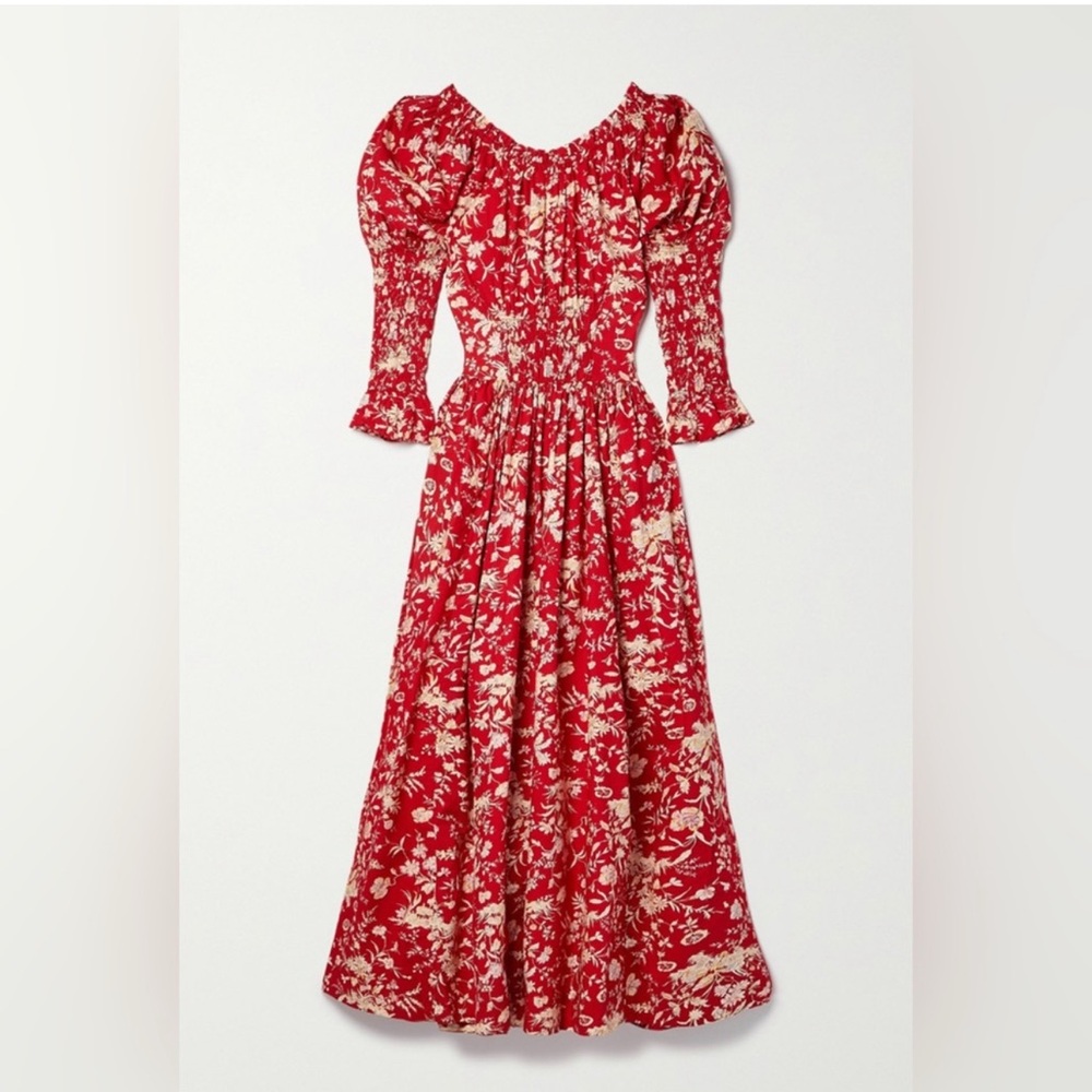 Doen Bijou Floral Red 100% cotton Midi Maxi dress Shirred dress size Large.